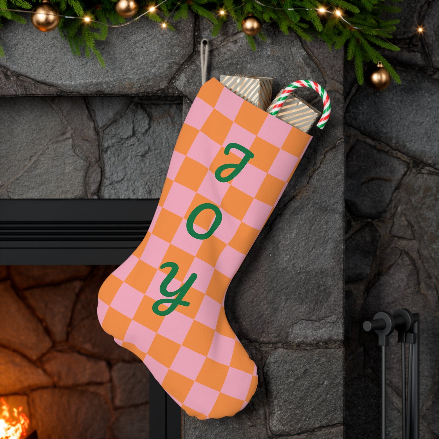 Orange and Pink 'JOY' Printed Christmas Stocking