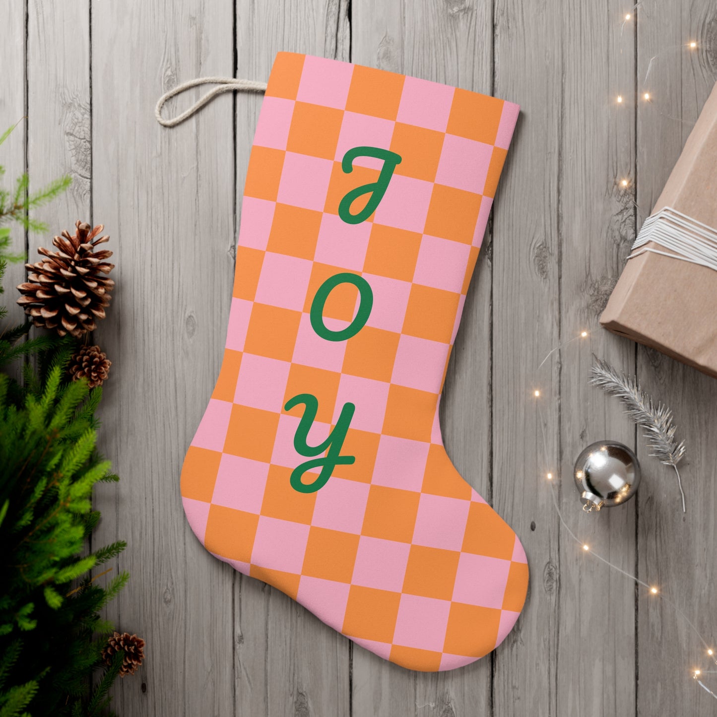 Orange and Pink 'JOY' Printed Christmas Stocking