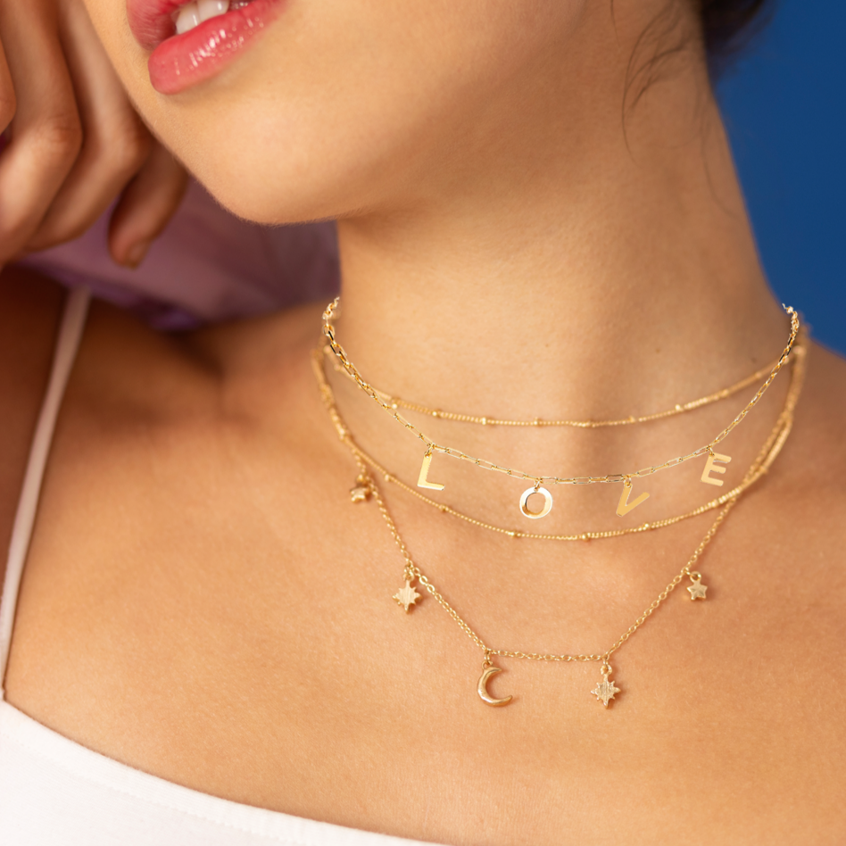 Love Charm Necklace with Brass Paperclip Chains 18K Gold Plated