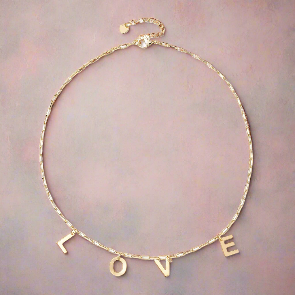 Love Charm Necklace with Brass Paperclip Chains 18K Gold Plated