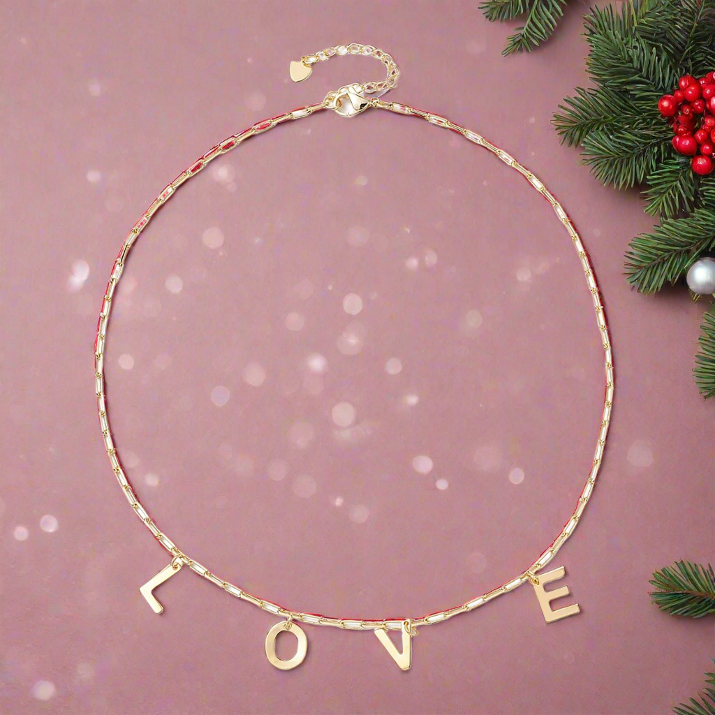 Love Charm Necklace with Brass Paperclip Chains 18K Gold Plated