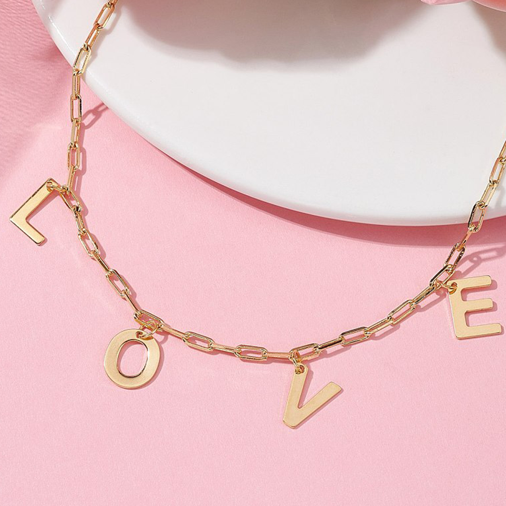 Love Charm Necklace with Brass Paperclip Chains 18K Gold Plated