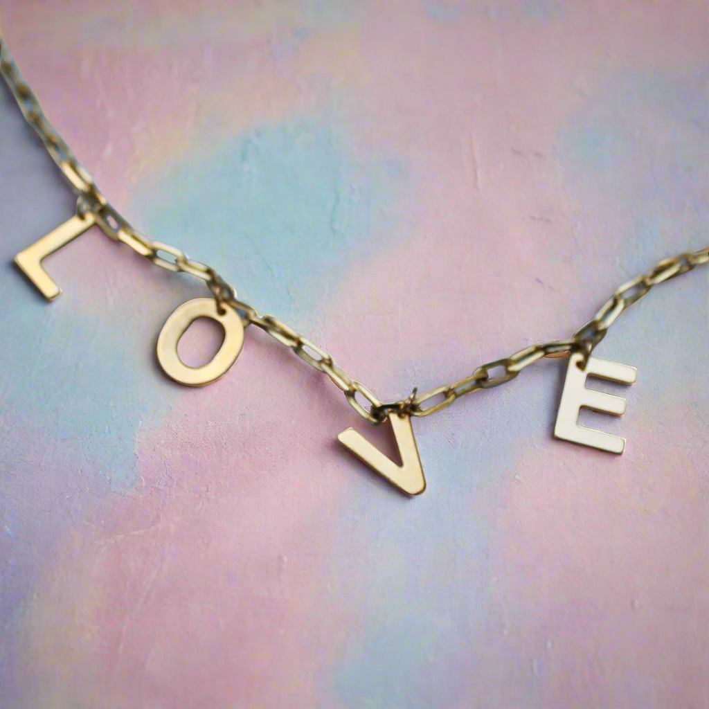 Love Charm Necklace with Brass Paperclip Chains 18K Gold Plated