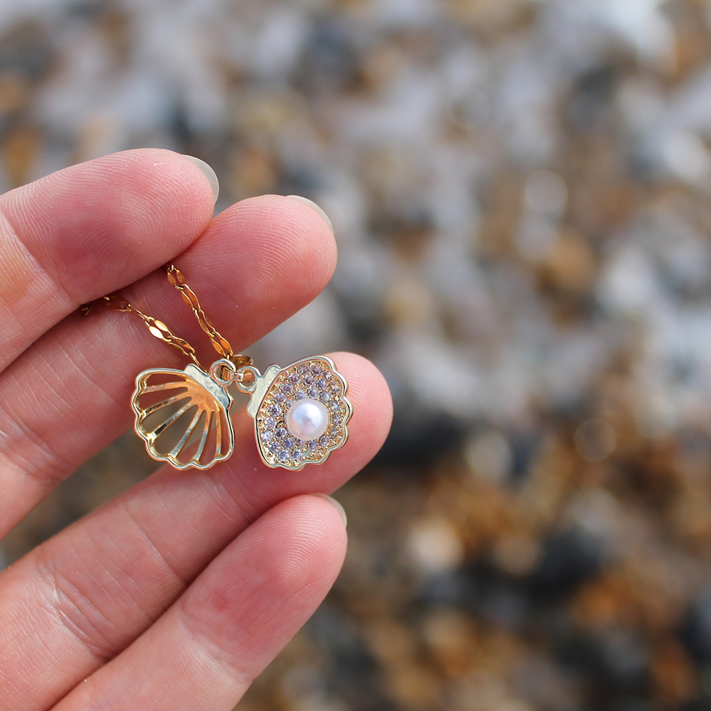 Summer Golden Seashell Pendant With Captured Pearl Necklace