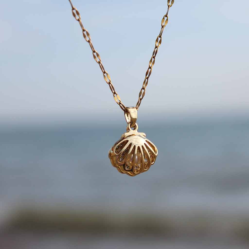 Summer Golden Seashell Pendant With Captured Pearl Necklace