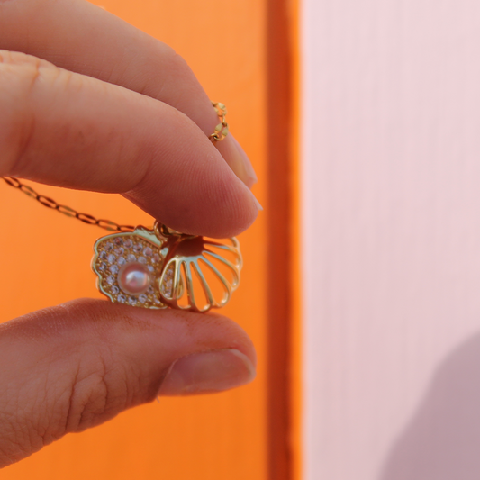 Summer Golden Seashell Pendant With Captured Pearl Necklace