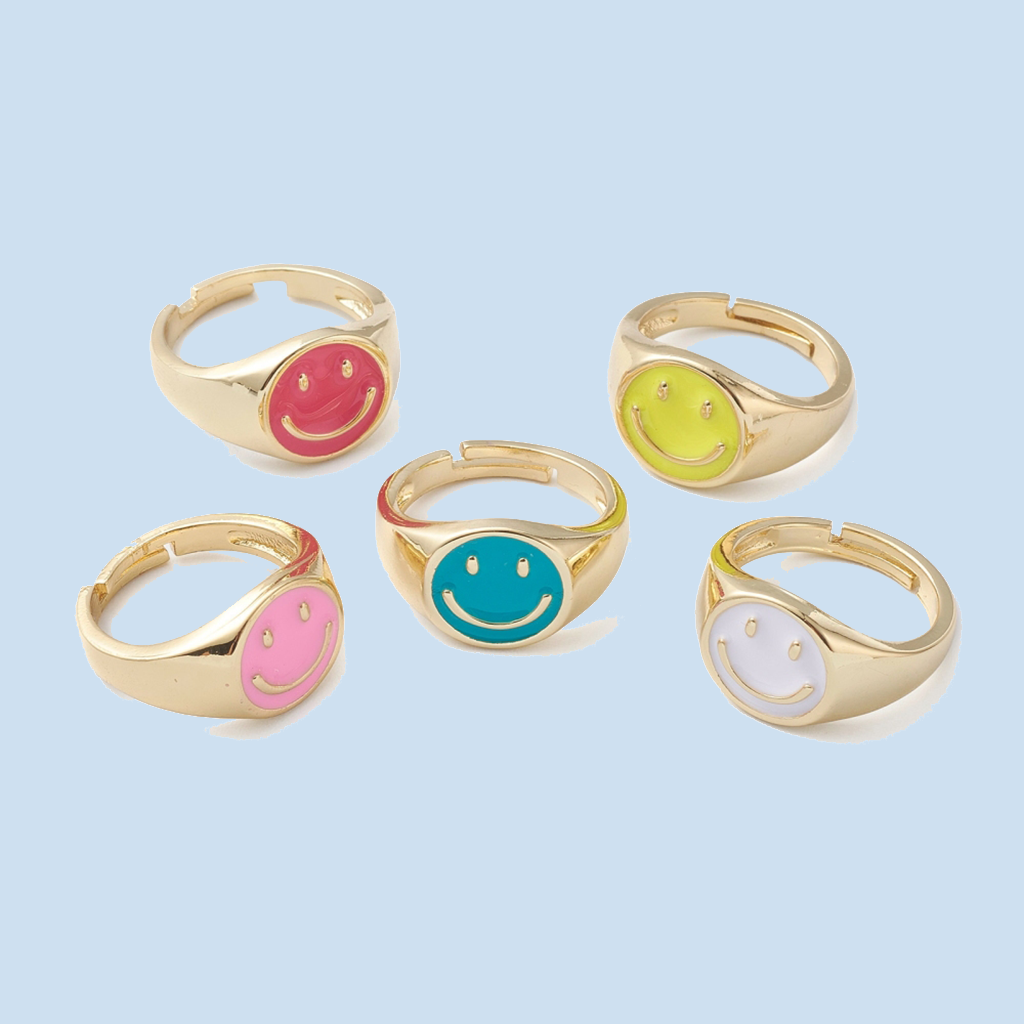 Smiley Face Bright Gold Plated Mixed Color Gold Ring