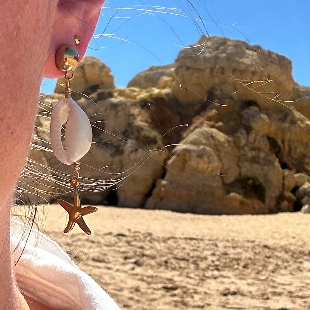 Gold Sea Shell And Star Fish Dangly Earrings